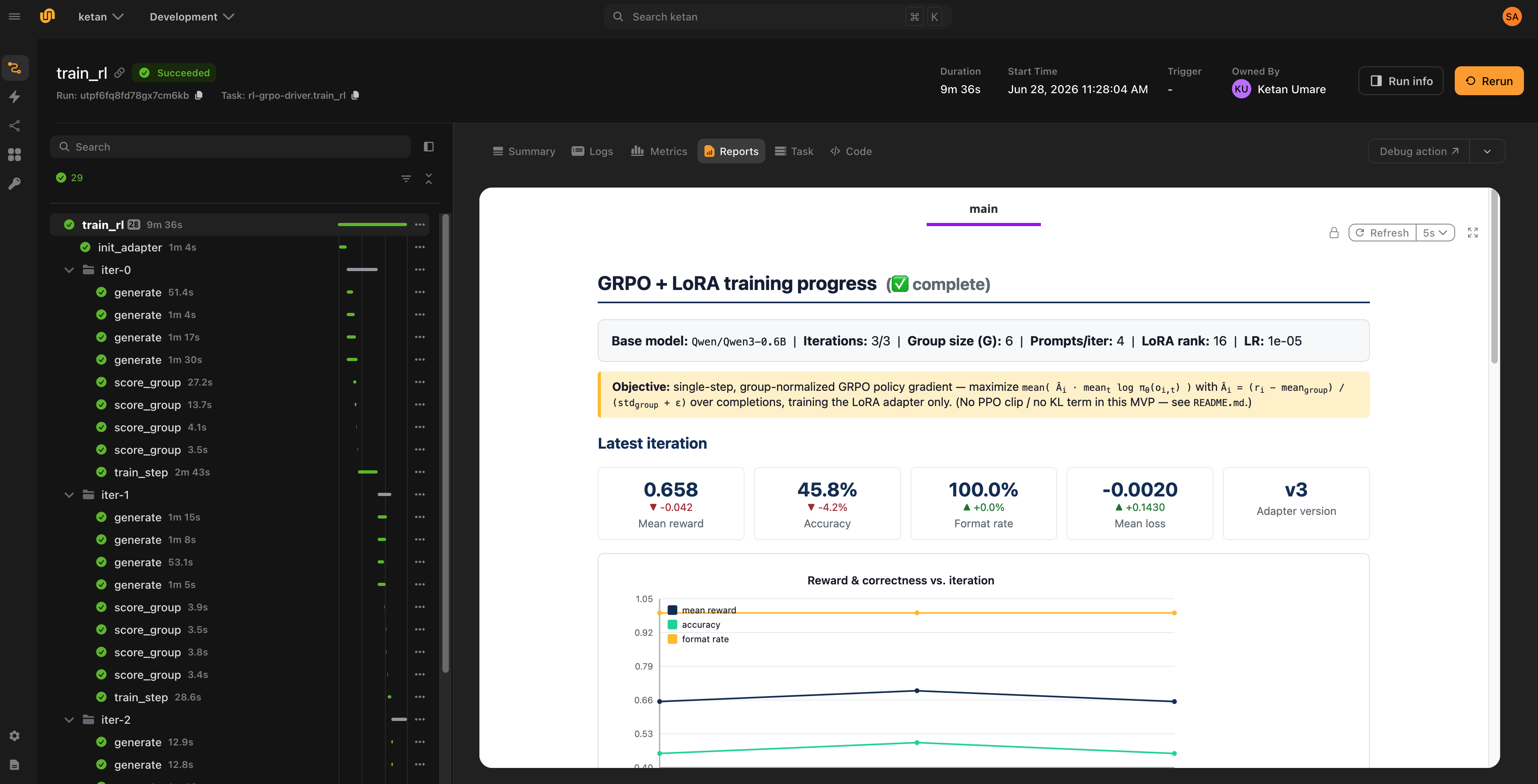 Live GRPO training report in the Union UI