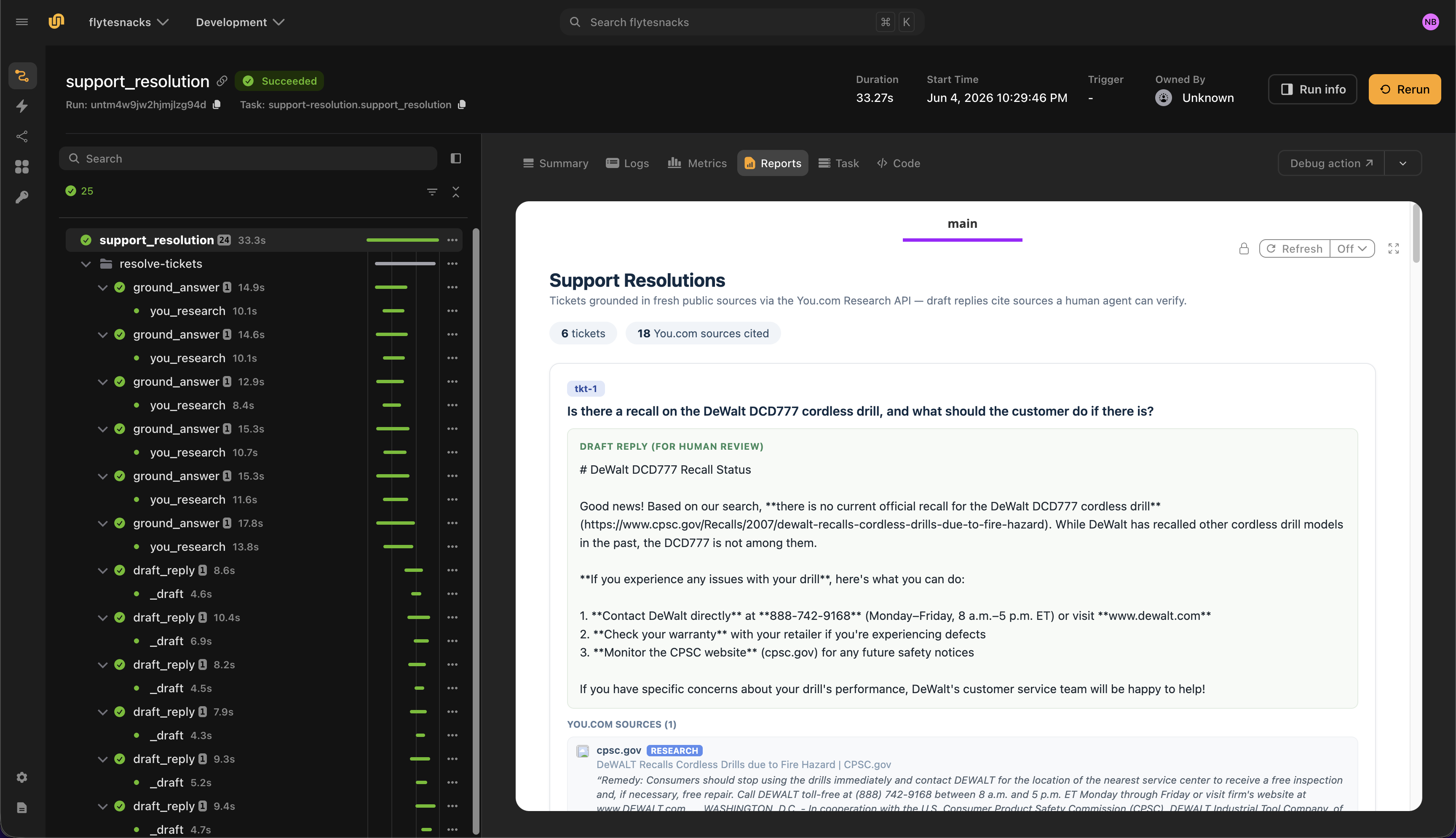 Support resolution agent report