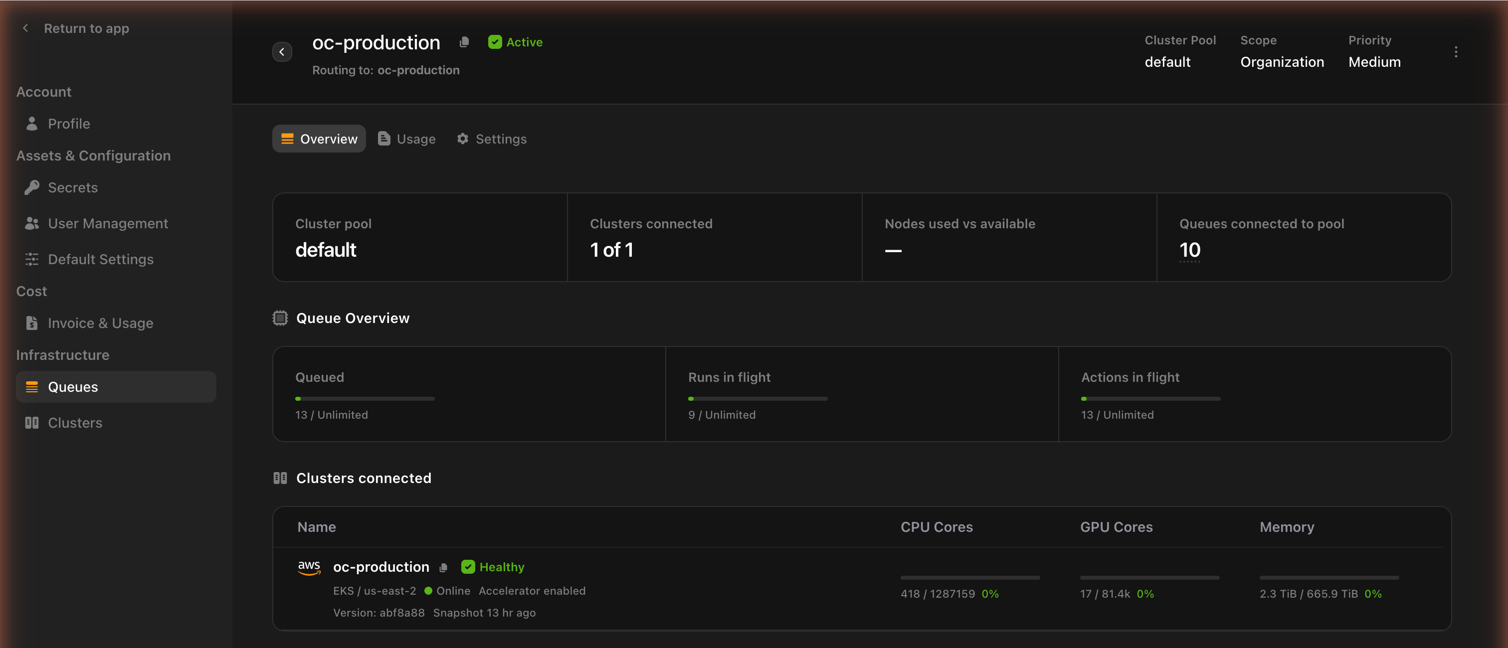 The Overview tab of a queue’s detail view in the console