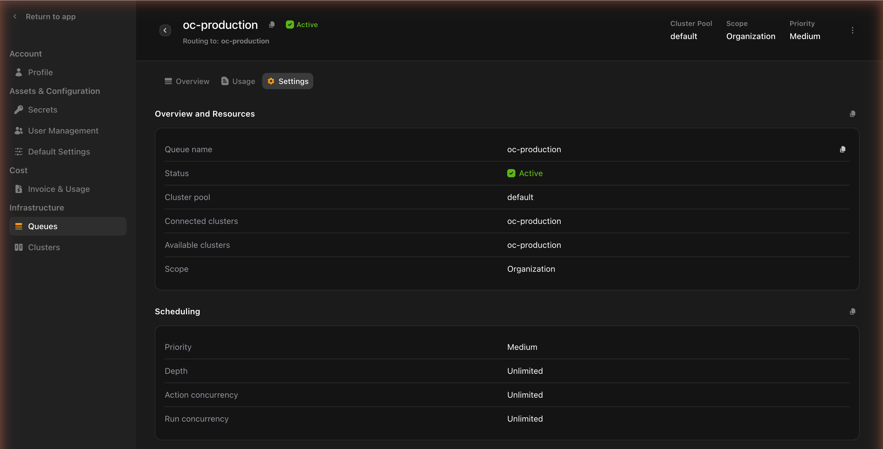 The Settings tab of a queue’s detail view, listing its configuration