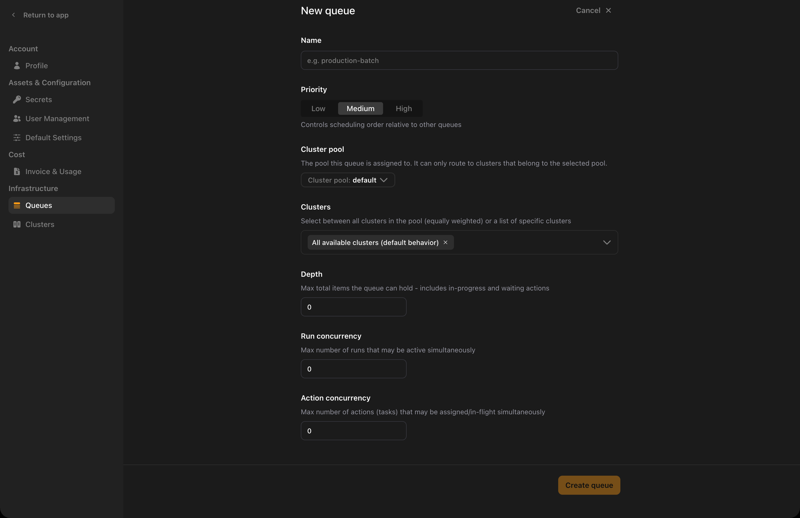 The New queue form in the console